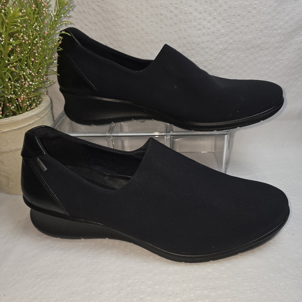 ECCO FELICIA TEXTILE STRETCH SLIP ON BLACK COMFORT LOW WEDGE SHOE WOMENS 9